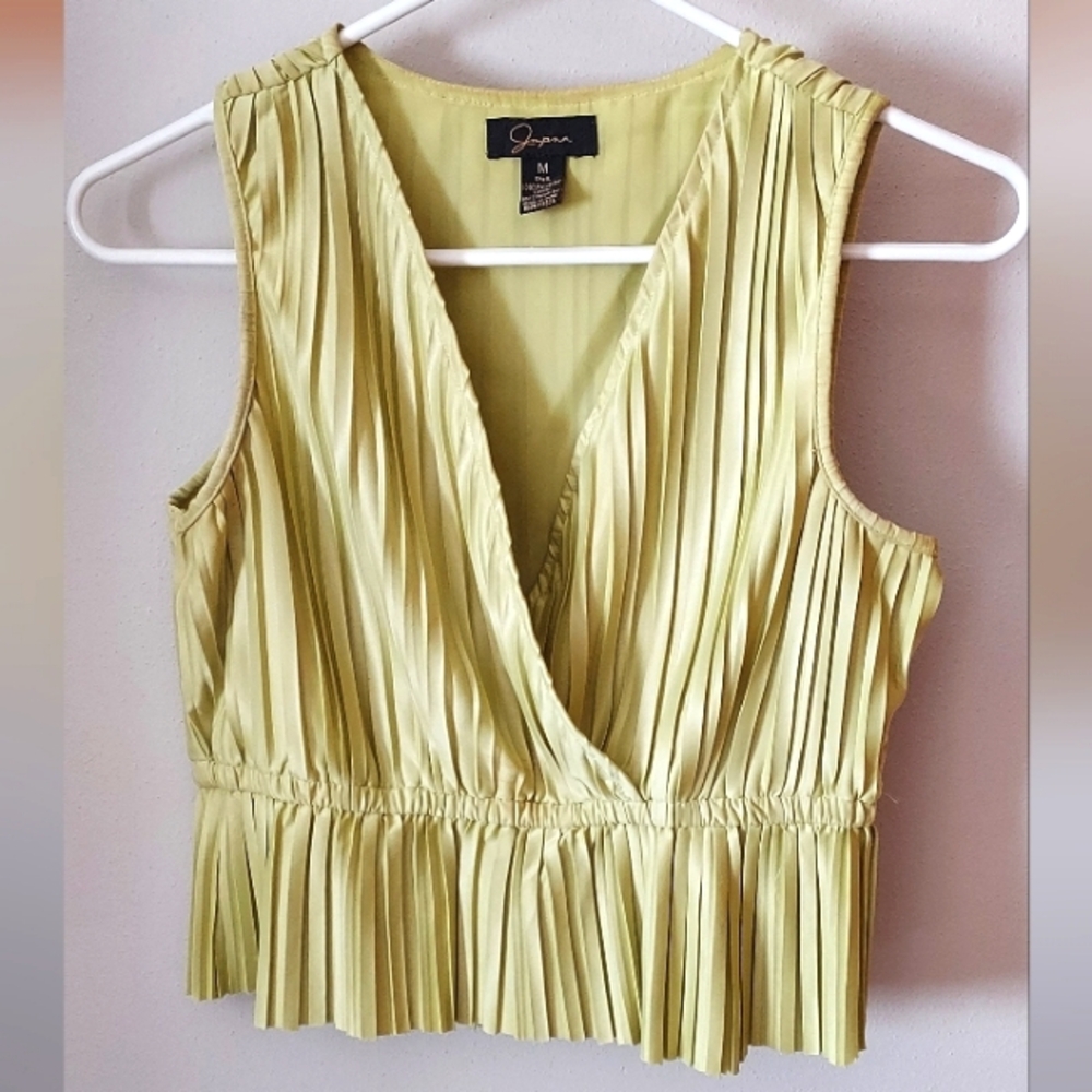 Japna Lime Green Pleated Sleeveless Crop Top Peplum V Neck Blouse Size Medium